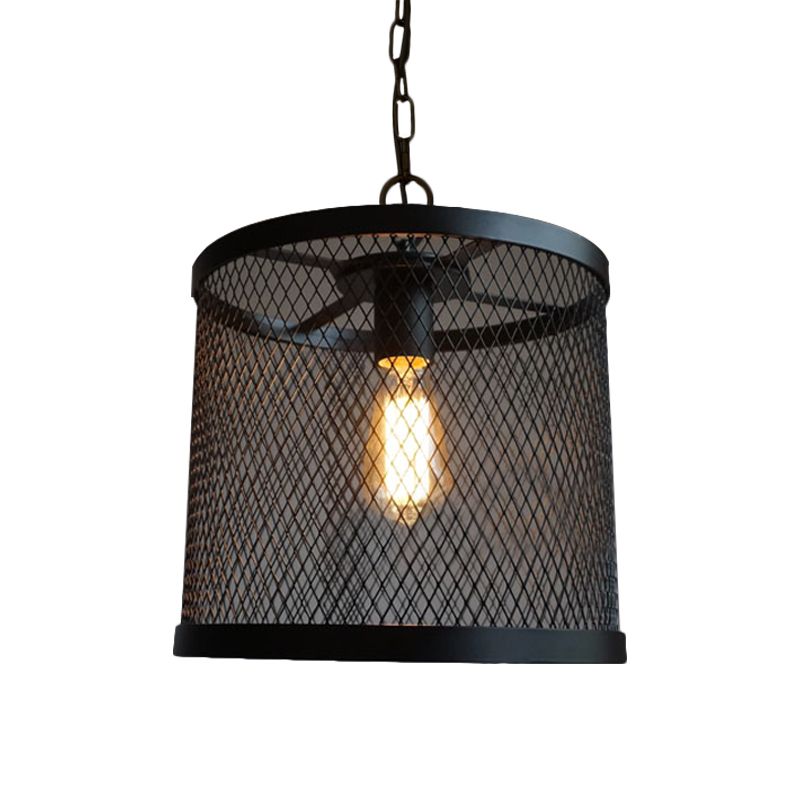 Drum Mesh Metal Pendant Light Industrial Single Light Dining Room Hanging Lamp in Black