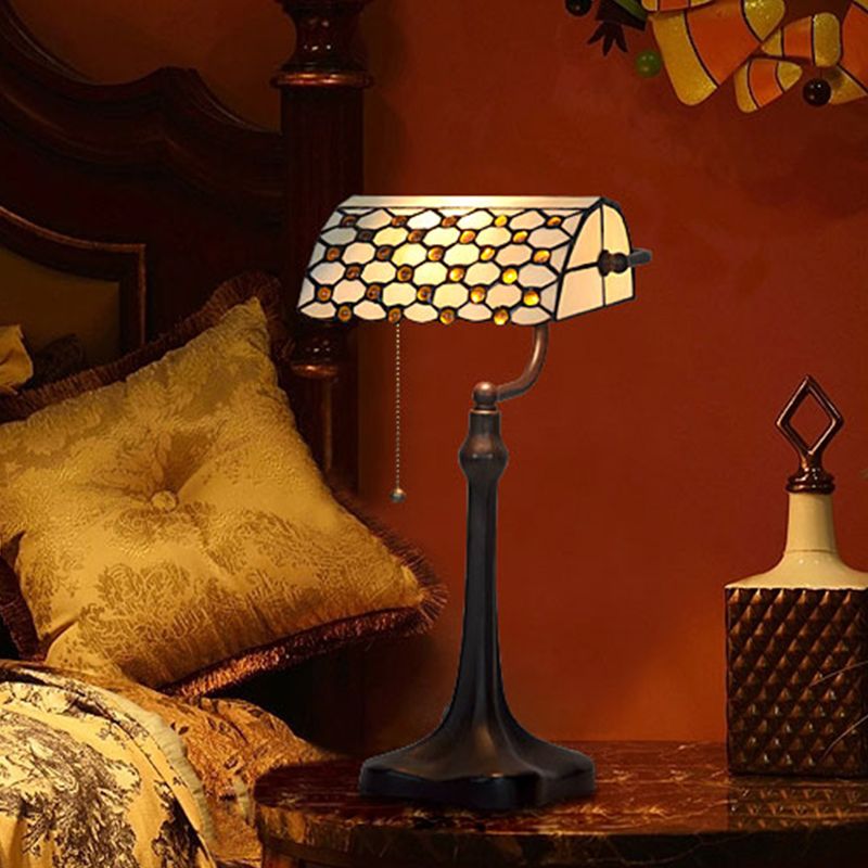 Jeweled White Glass Banker Lighting Tiffany 1-Light Pull Chain Nightstand Lamp with Rollover Shade