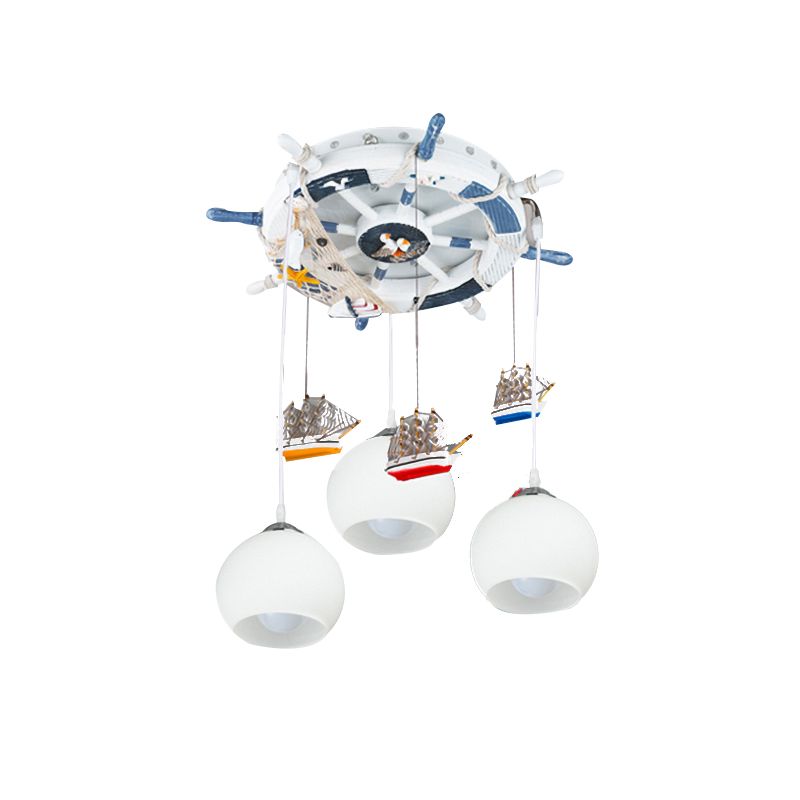 Milk Glass Orb Ceiling Pendant with Rudder & Ship Child Bedroom 3 Lights Nautical Hanging Light in White