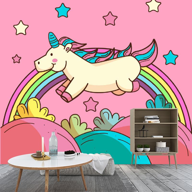 Magic Unicorn Pattern Wall Mural Decal in Pink, Cartoon Style Wall Covering for Baby Room