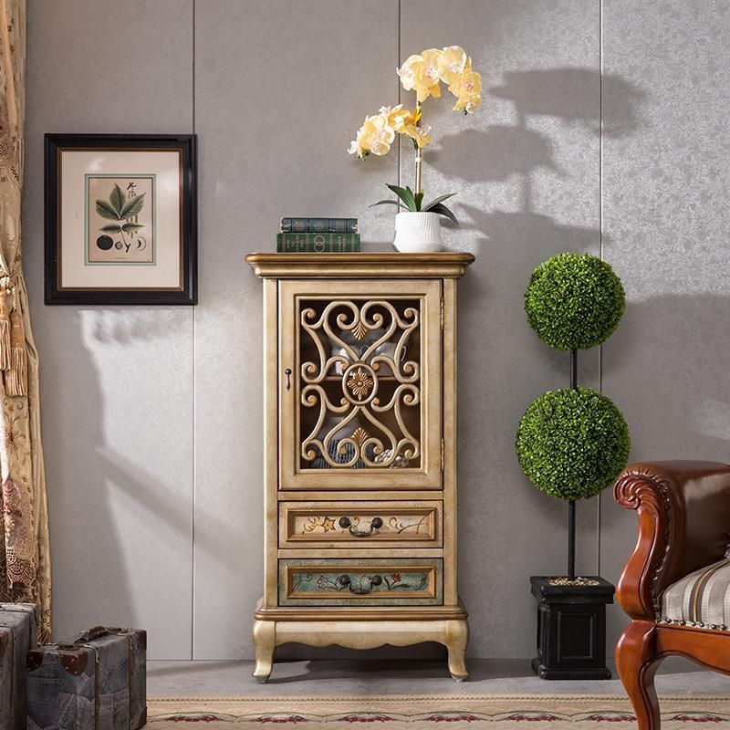 Industrial Accent Cabinet in Distressed Finish Wood with Door and Drawers