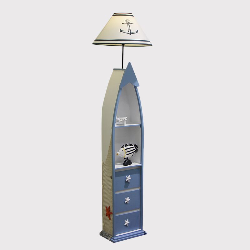 Barrel Fabric Stand Up Lamp Kids Single Bulb White Floor Standing Lamp with Blue Wooden Shelf