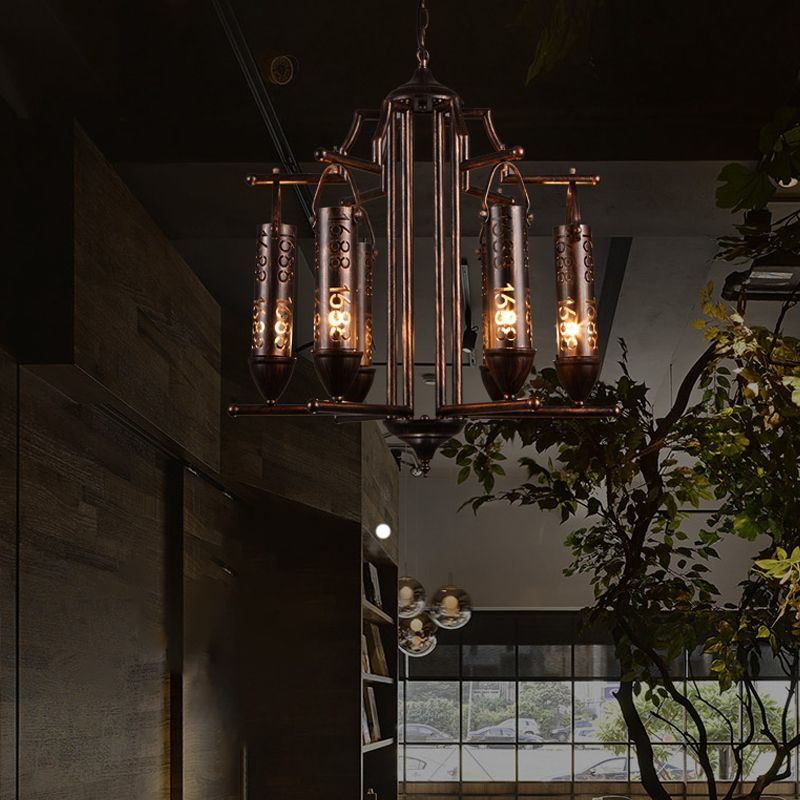 Iron Flute Hanging Light with Number Design Creative Chandelier in Rust for Bar