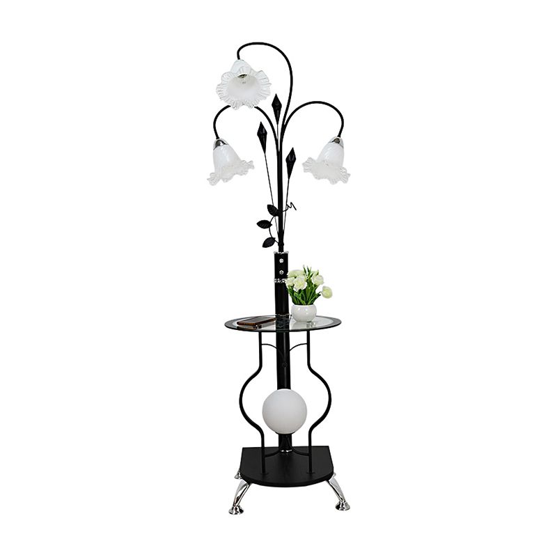 Black/White 3-Bulb Floor Light Countryside Metal Curved Arm Standing Lamp with Floral Glass Shade