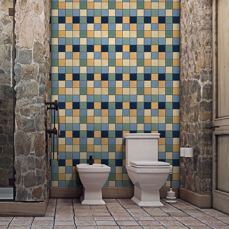 Faux Mosaic Tiles Wallpaper Panels Blue Bohemian Wall Art for Restroom, Self Adhesive