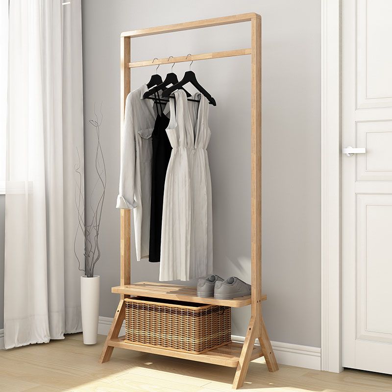 Contemporary Style Coat Hanger Double Shelves Solid Wood Coat Rack for Living Room