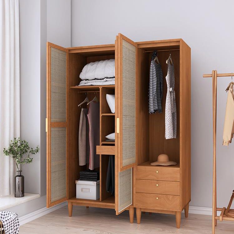 Pine Solid Wood Wardrobe Armoire Rattan Doors Kid's Wardrobe with Legs