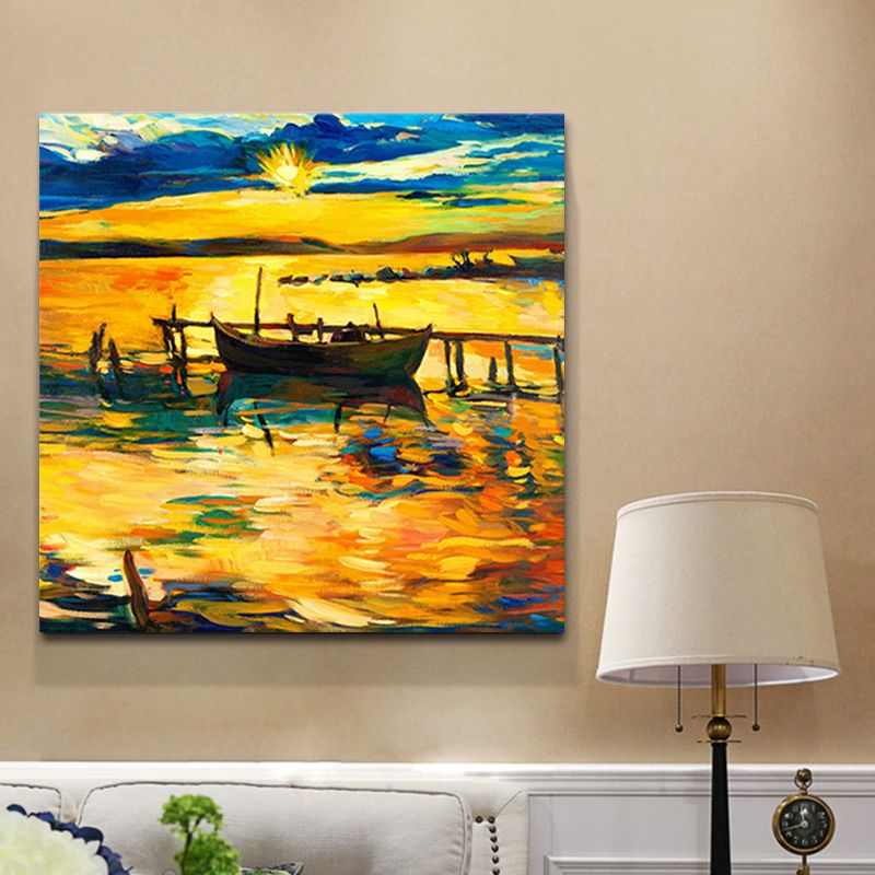 Boat and Sunset Seascape Painting Canvas Print Orange Tropix Wall Art for Family Room