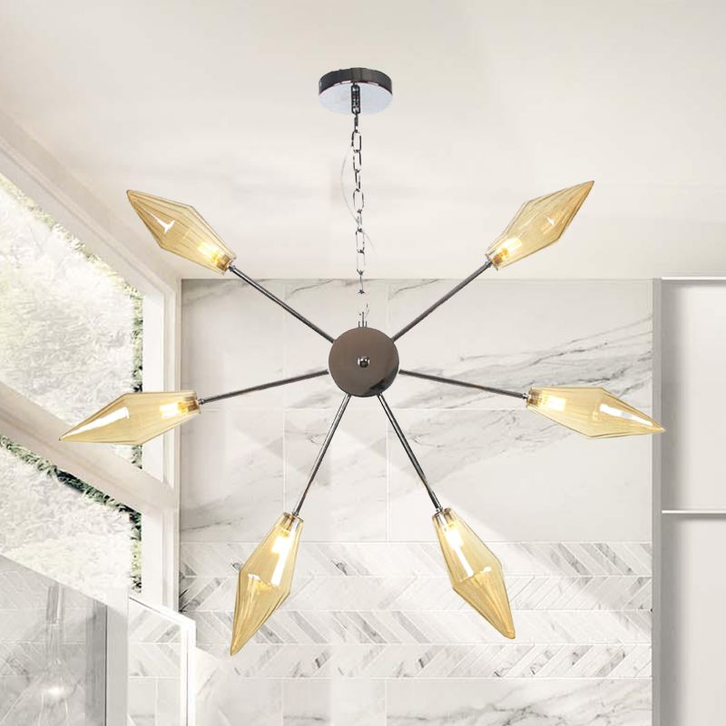 6/9/12 Lights Chandelier Lamp Industrial Sputnik Amber/Clear Glass Ceiling Light Fixture in Black/Copper/Chrome