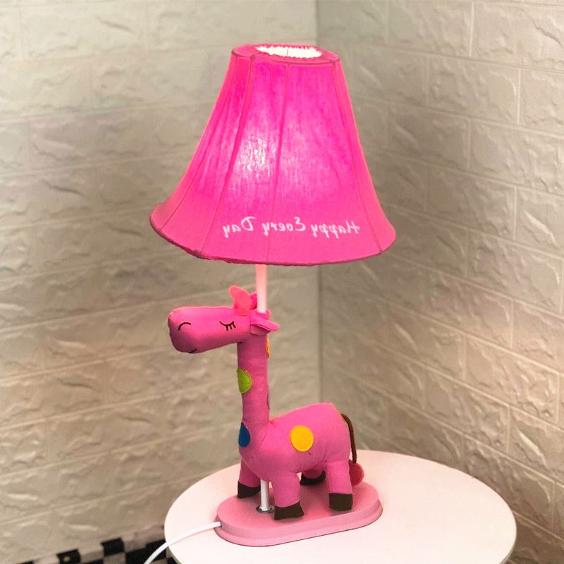 Flared Script-Print Fabric Table Lighting Kids Single-Bulb Yellow/Blue/Pink Night Lamp with Giraffe Base