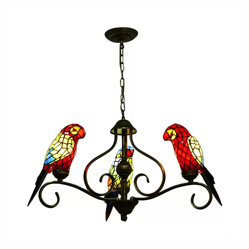 Stained Glass Chandeliers for Dining Rooms, Ceiling Light Fixture in Antique Brass with Parrot Design Tiffany Style