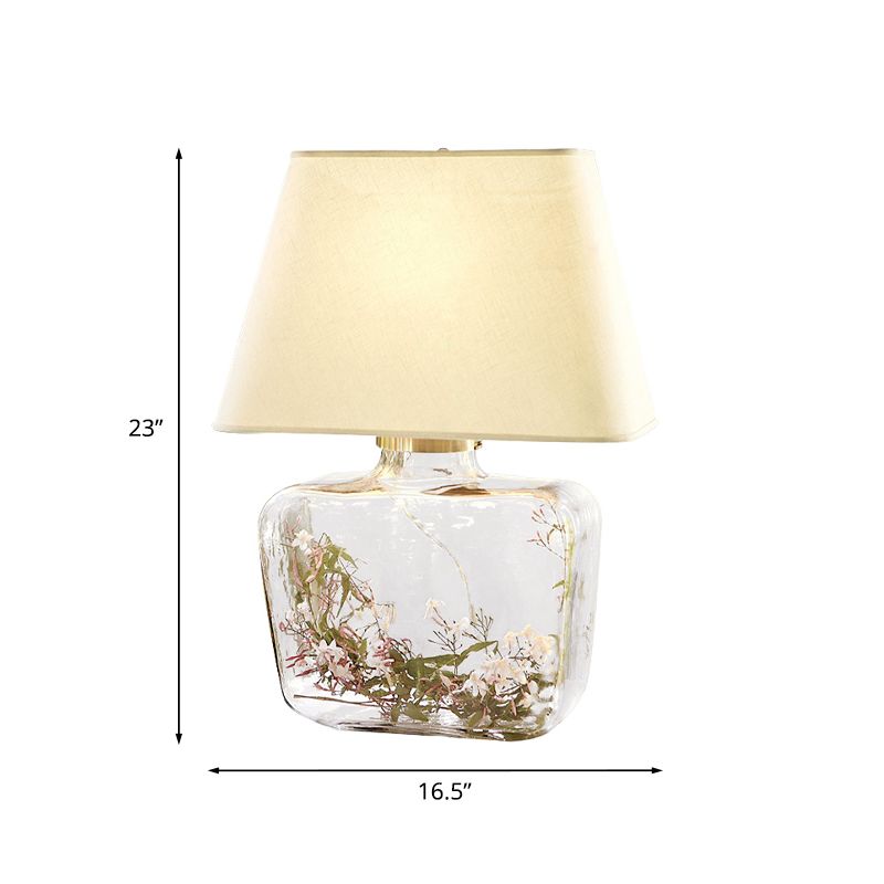 Country-Style Jar Shape Table Lamp 1-Head Clear Glass Night Light with Trapezoid White Fabric Shade