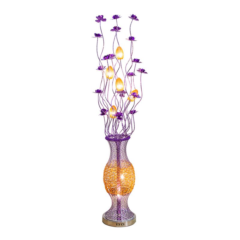 Decorative Vine Shape Standing Lamp LED Aluminum Bloom Floor Reading Light with Vase Pedestal in Purple