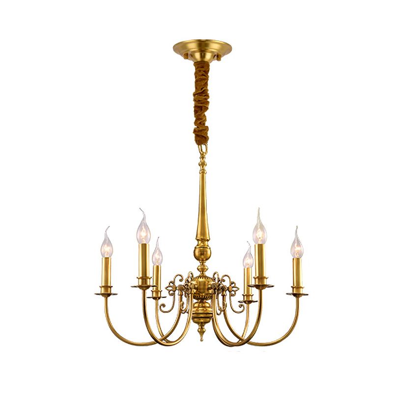 Metal Arched Arm Chandelier Light Fixture Colonialist 6 Lights Living Room Ceiling Pendant in Gold