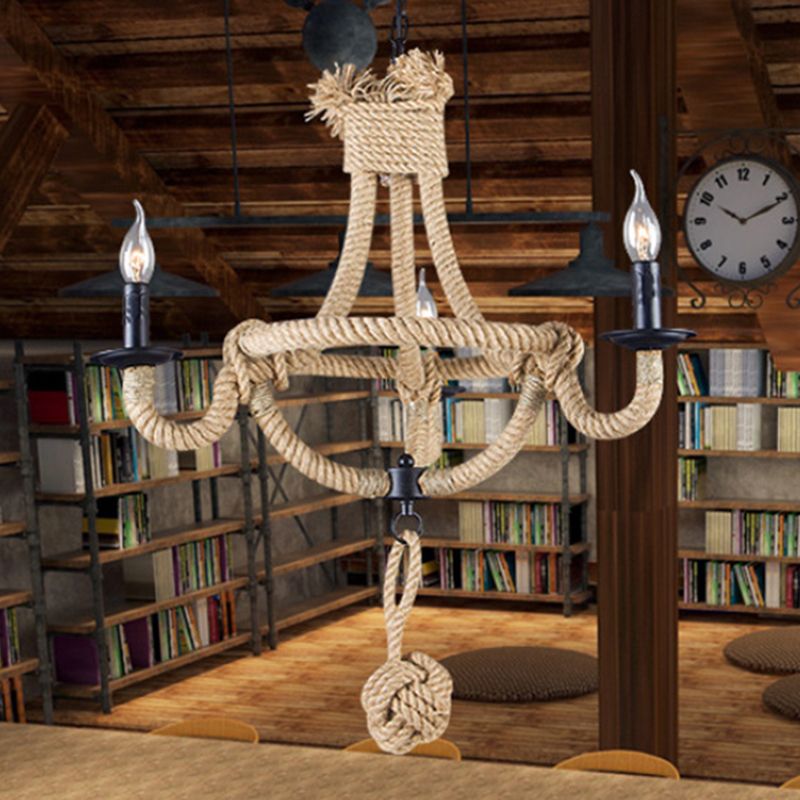 Candle Rope Light Chandelier Rustic Style 3/6 Lights Dining Room Pendant Lighting in Beige