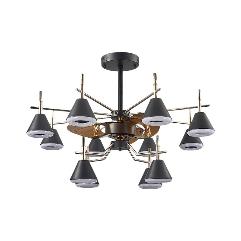 25.5" Wide Cone Semi Flush Mount Light Modernist Metallic 12-Light Black 3-Blade Pendant Fan Lamp