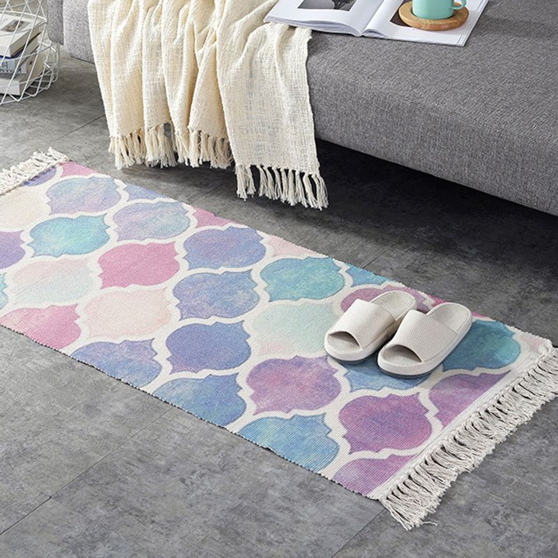 Casual Multi-Color Retro Rug Cotton Blend Geometric Print Carpet Machine Washable Easy Care Rug with Tassel for Decor