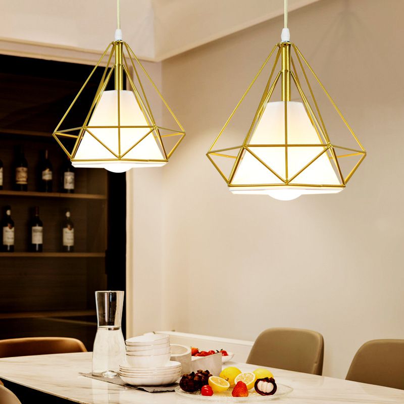 Gold Cage Frame Plafond Plafond Light Nordic Metal 1 Bulbe Dinomage Salle Suspension Lumière