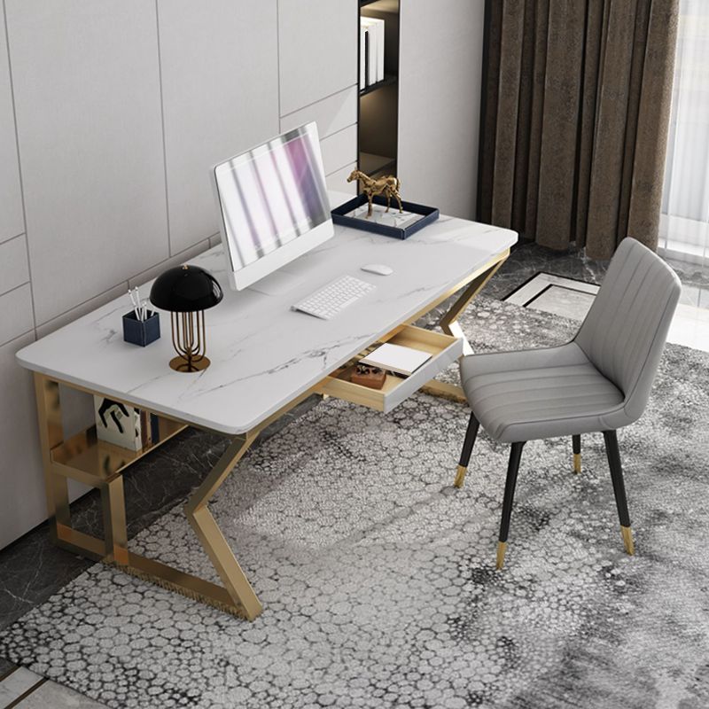 Glam Stone Office Desk Rectangular Golden Writing Desk for Office