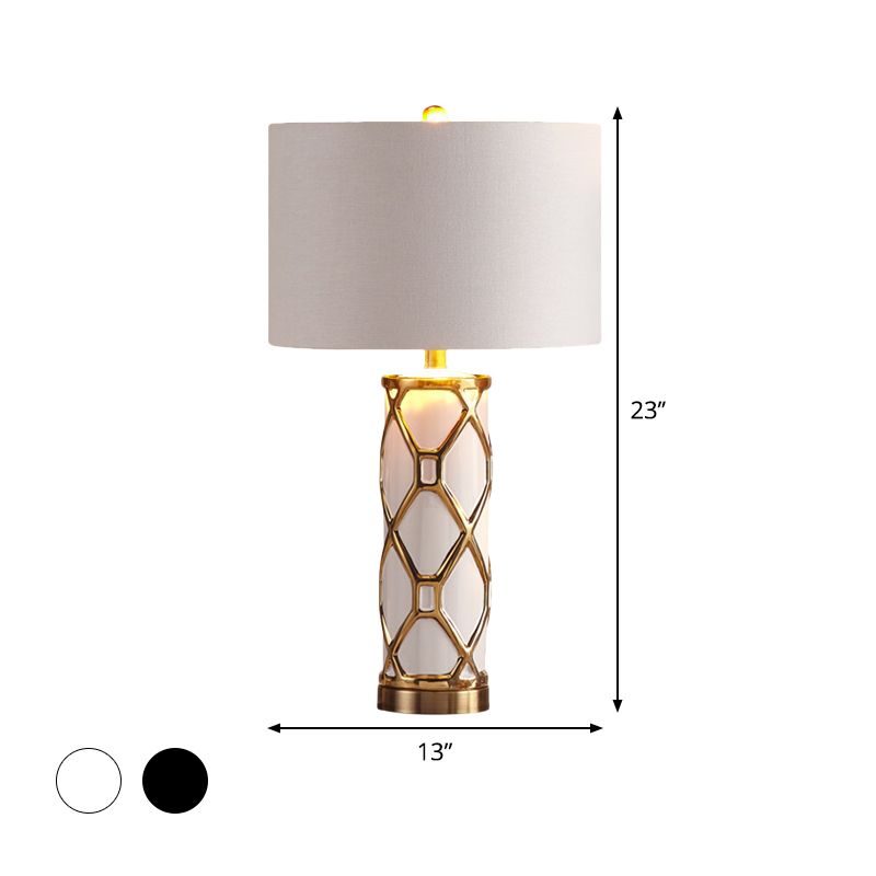 13"/15" W Fabric Cylinder Night Table Lamp Postmodern 1 Light White/Black Metal Nightstand Light for Bedroom