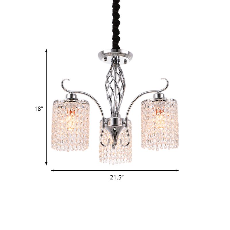 Contemporary Cylinder Chandelier Pendant Light Crystal 3/5 Lights Hanging Ceiling Light in Chrome for Living Room