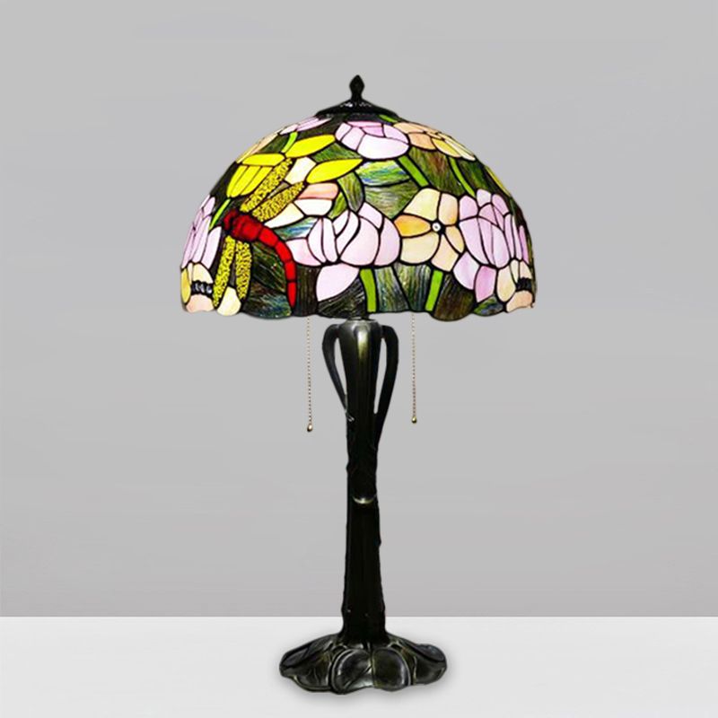 Cone/Dome Nightstand Lighting Victorian Cut Glass 2-Head Gold Pull Chain Table Lamp with Blossom Pattern