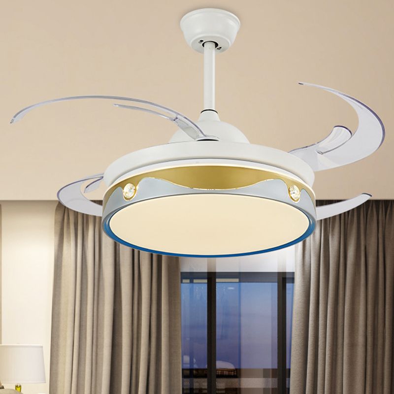 White Round Indoor Fan Lighting Contemporary Metallic 8-Blade LED Semi Mount Ceiling Lamp