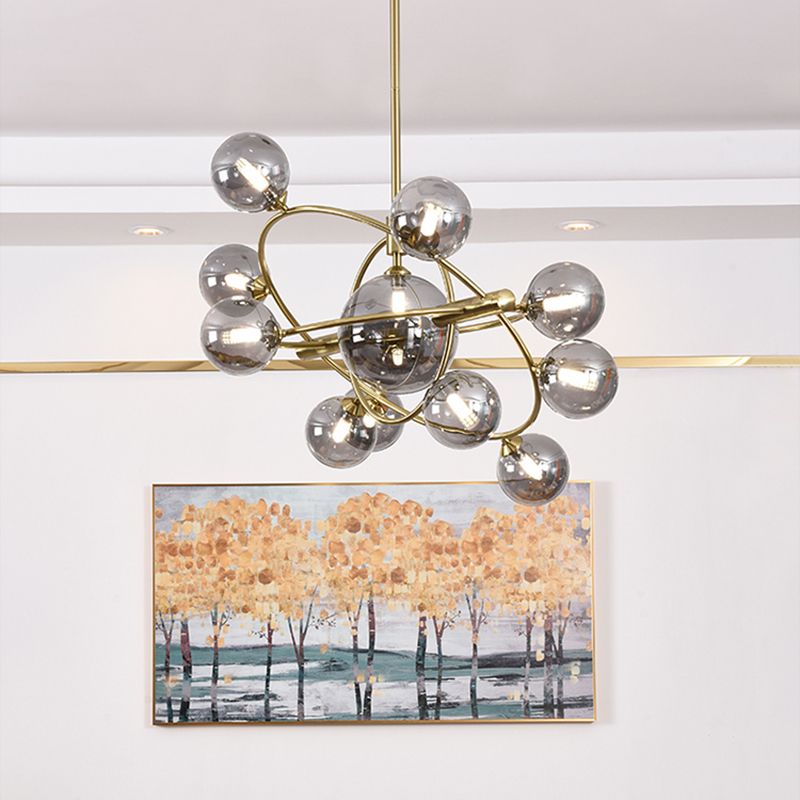 Gold Concentric Ring Pendant Light with Sphere Shade Amber/Clear/Smoke Glass Contemporary Chandelier for Living Room