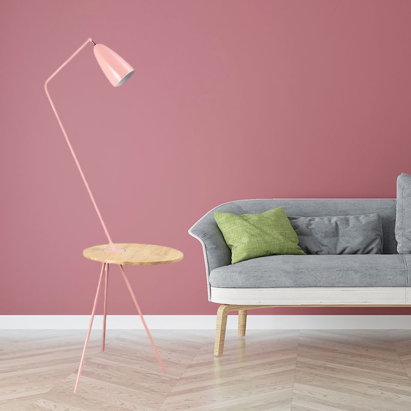 Metal Elongated Floor Reading Light Simple 1 Bulb Black/Pink/Yellow Tripod Floor Standing Lighting with Shelf for Living Room