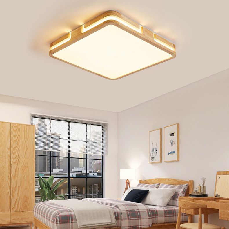 Square Flush Mount Ceiling Light Fixtures with Wood Art for Living Room