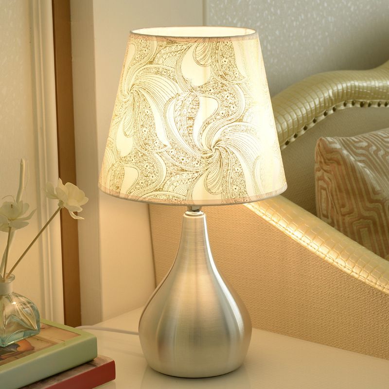 Tapered Table Light Modern Fabric Single Nickel Nightstand Lamp with Cloud/Geometric/Flower Pattern