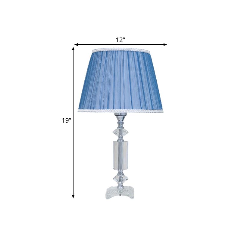 1 Bulb Tapered Pleated Shade Table Light Traditional Blue/Cream Gray/Beige Fabric Night Stand Lamp with Clear Crystal Base