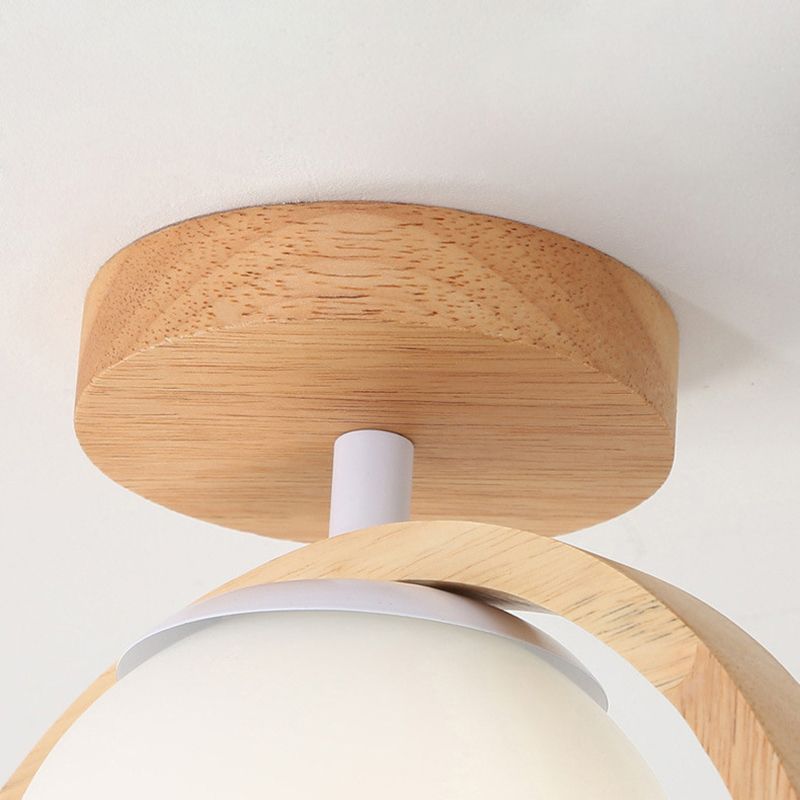 White Shaded Ceiling Light Contemporary Flush Mount Lighting with Wood for Room