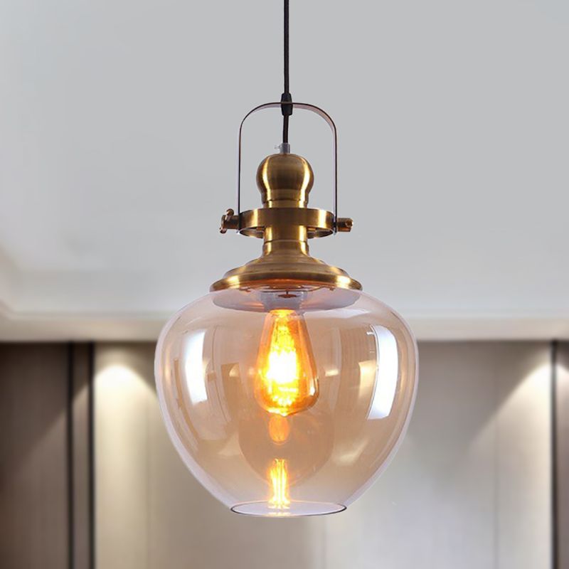 Brass Orb Pendant Ceiling Light Industrial Amber Glass 1 Light Living Room Hanging Lamp for Living Room