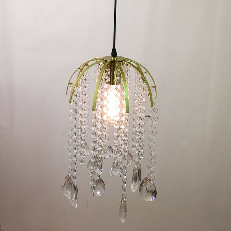 Tropical Crystal Cascading Pendant Light Single Bulb Gold Ceiling Suspension Light Fixture