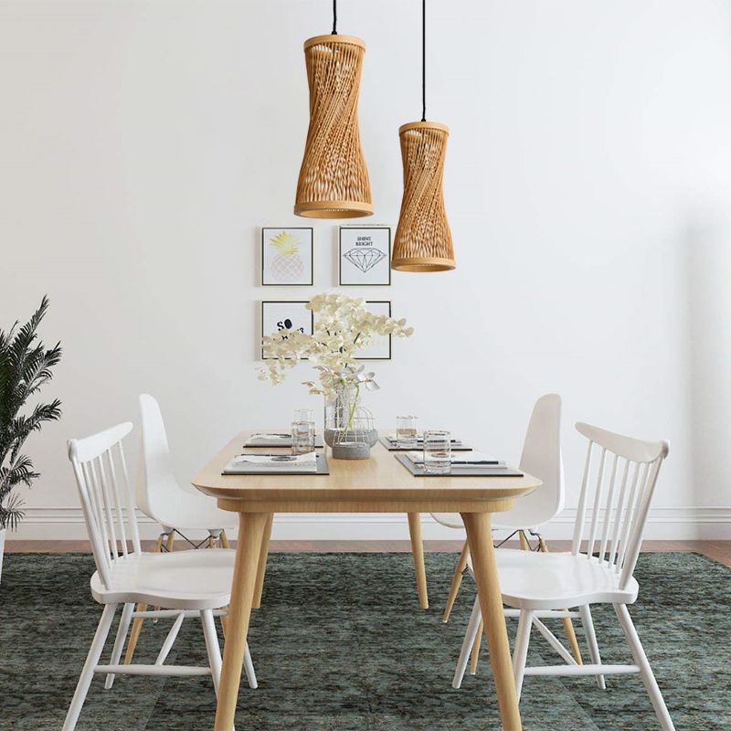 Bamboo Cylinder Hanging Lamp Chic Modern Hanging Pendant Fixture in Beige for Dining Room