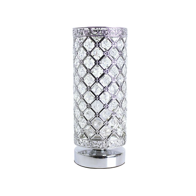 Crystal Polished Silver Table Lamp Trellis Cylindrical Single Bulb Modern Stylish Nightstand Light