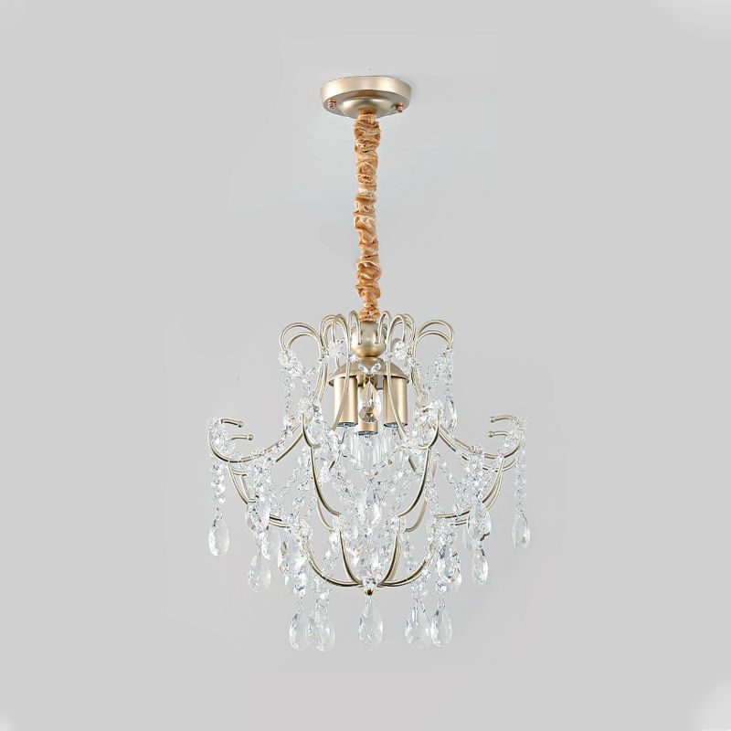 Bent Armed Metal Pendant Chandelier Transitional 3-Light Gold Ceiling Light Fixture with Crystal Draping