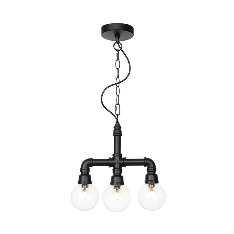 Éclairage de suspension noire métallique 3/4 têtes à la lampe à lustre LED vintage avec une teinte en verre transparent à billes pour bar