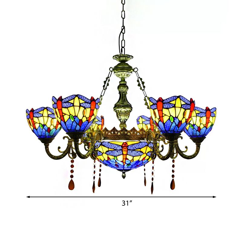 Chandeliers for Living Room, Dragonfly Pendant Ceiling Lamp with Stained Glass Shade and Amber Crystal Decoration