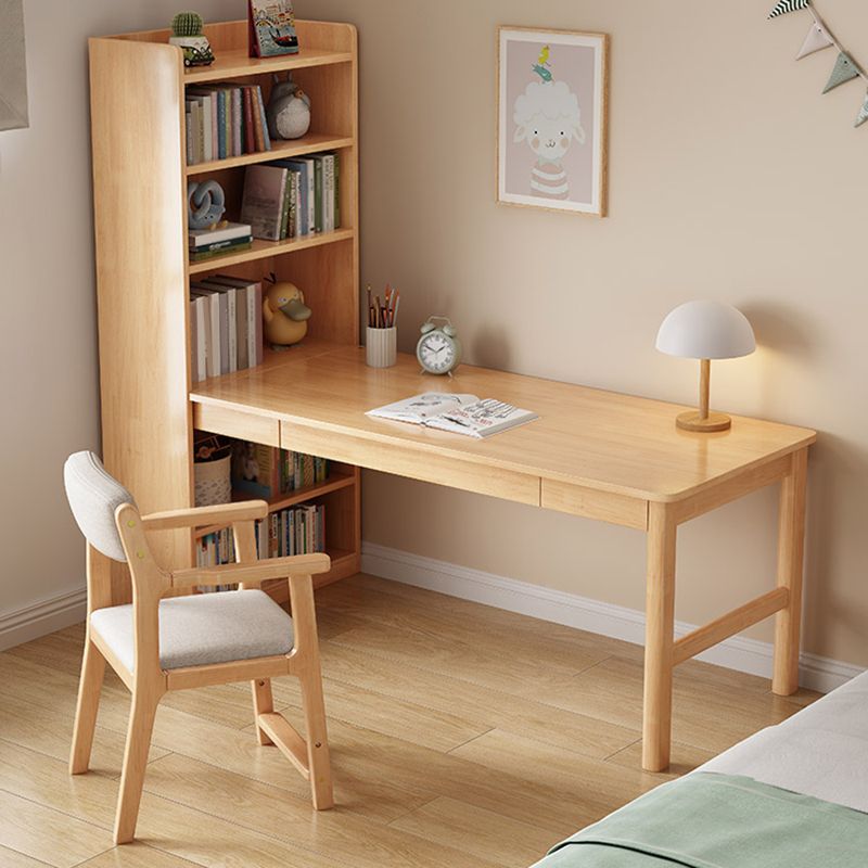 Wood Writing Desk and Chair Set 1-Drawer Kids Corner Desks with Book Shelf