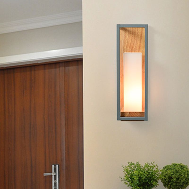 Luce di fonce tubolare grigio asiatico 1 lampadina in vetro bianco illuminazione montata con rettangolo in legno