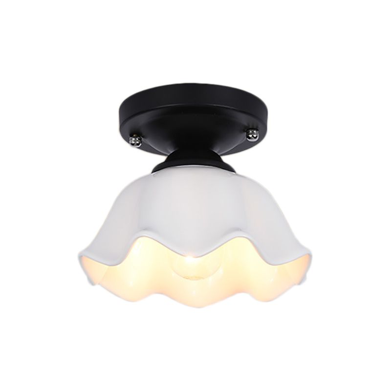 Scalloped Living Room Semi Flush Industrial Milky Glass One Light Black Lighting Fixture