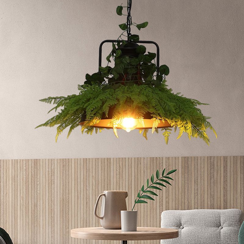 Black Barn Pendant Light Retro Metal 1 Head Restaurant LED Ceiling Lamp with Plant, 14"/18"/19.5" Width