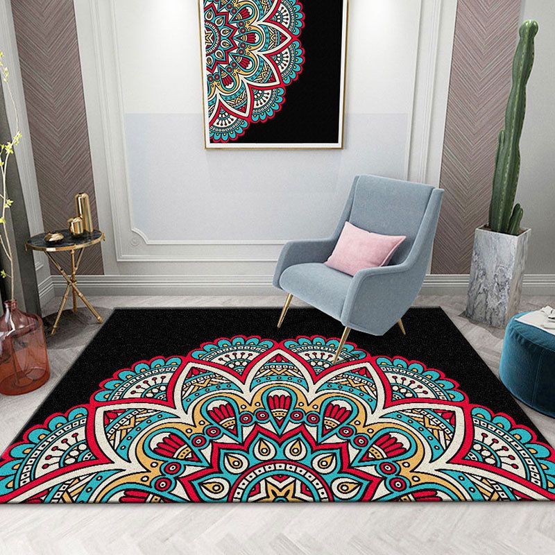 Colorful Mandala Rug Multicolor Moroccan Area Carpet Polyester Stain Resistant Pet Friendly Anti-Slip Rug for Home