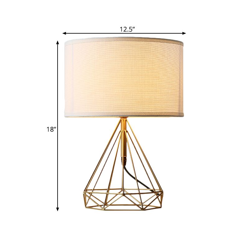 Diamond Cage Table Light Minimalist Metallic 1 Head Bedside White Fabric Desk Lamp in Gold