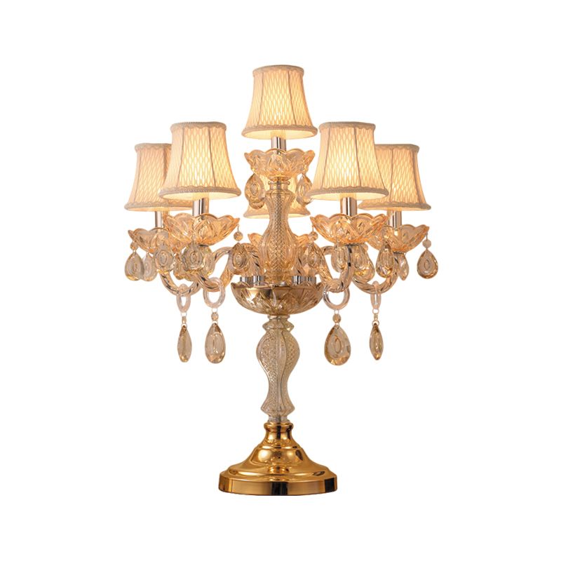 Gold 5/6/7 Bulbs Night Stand Lamp Traditional Clear Crystal Candlestick Table Light with White Bell Fabric Shade