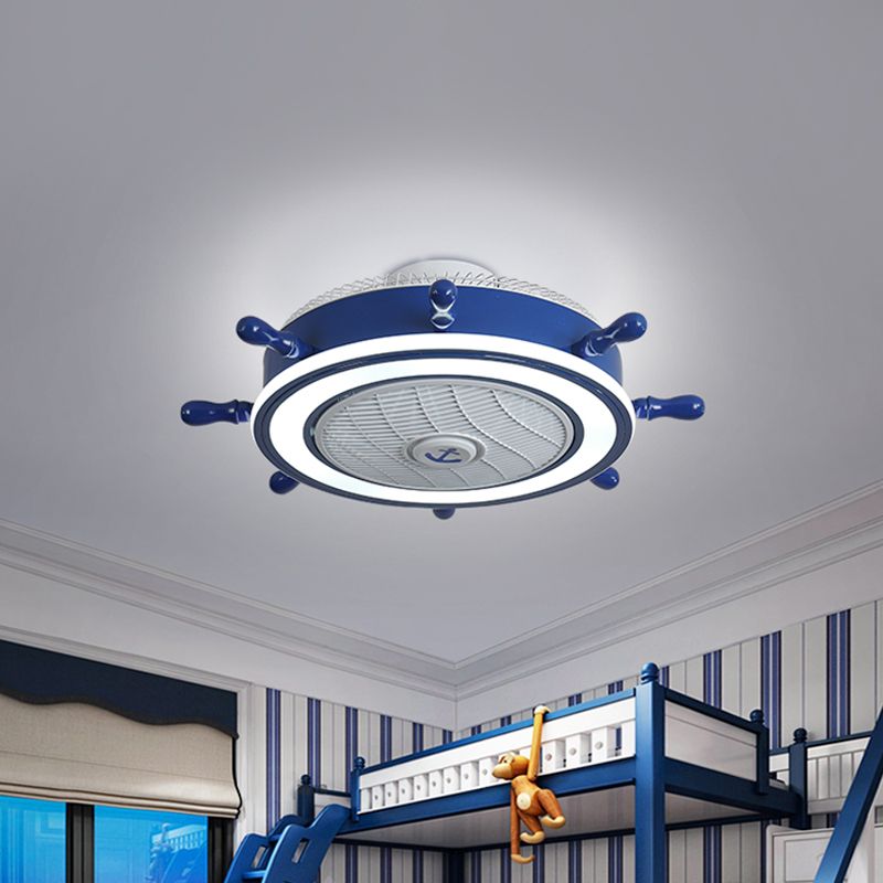 Rudder Metal Hanging Fan Lamp Kids LED Blue Semi Flush Mount Light Fixture, 25.5" Width