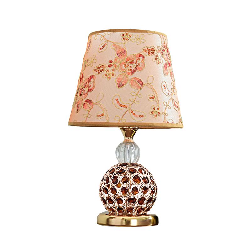 Floral Fabric Tan Table Light Tapered Shade 1 Head Countryside Nightstand Lamp with Crystal Embedded Ball Base