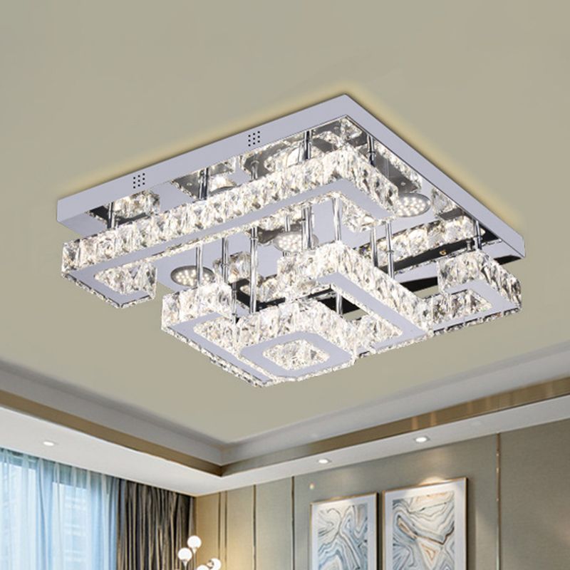 LED Guest Room Semi Flush Minimalist Chrome Ceiling Lamp with Tiered Square Crystal Shade